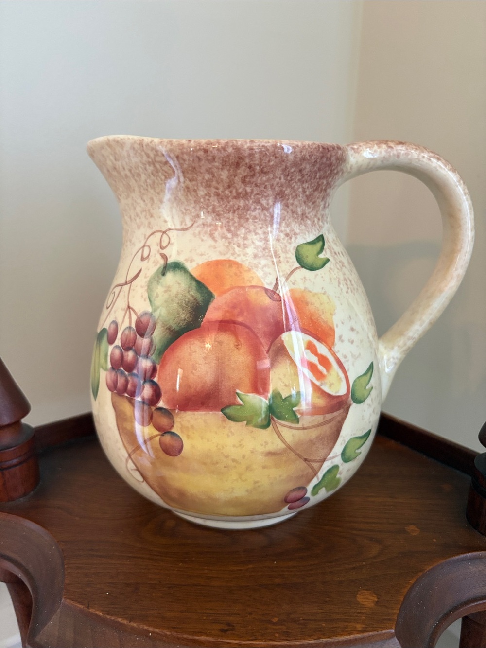 Hand-Painted Ceramic Fruit Pitcher in Cream and Peach